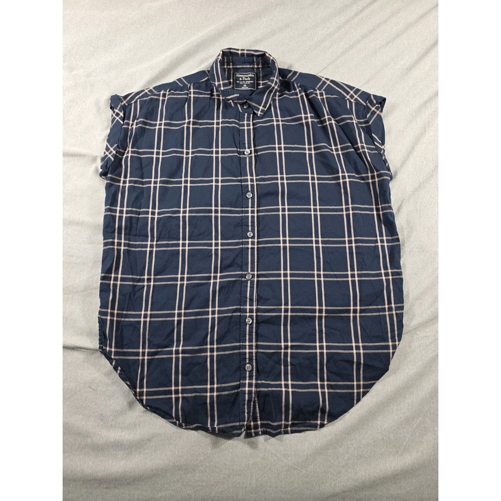 Abercrombie Fitch Shirt XS Blue Plaid Button Up Cuffed Cap Sleeve Summer Casual